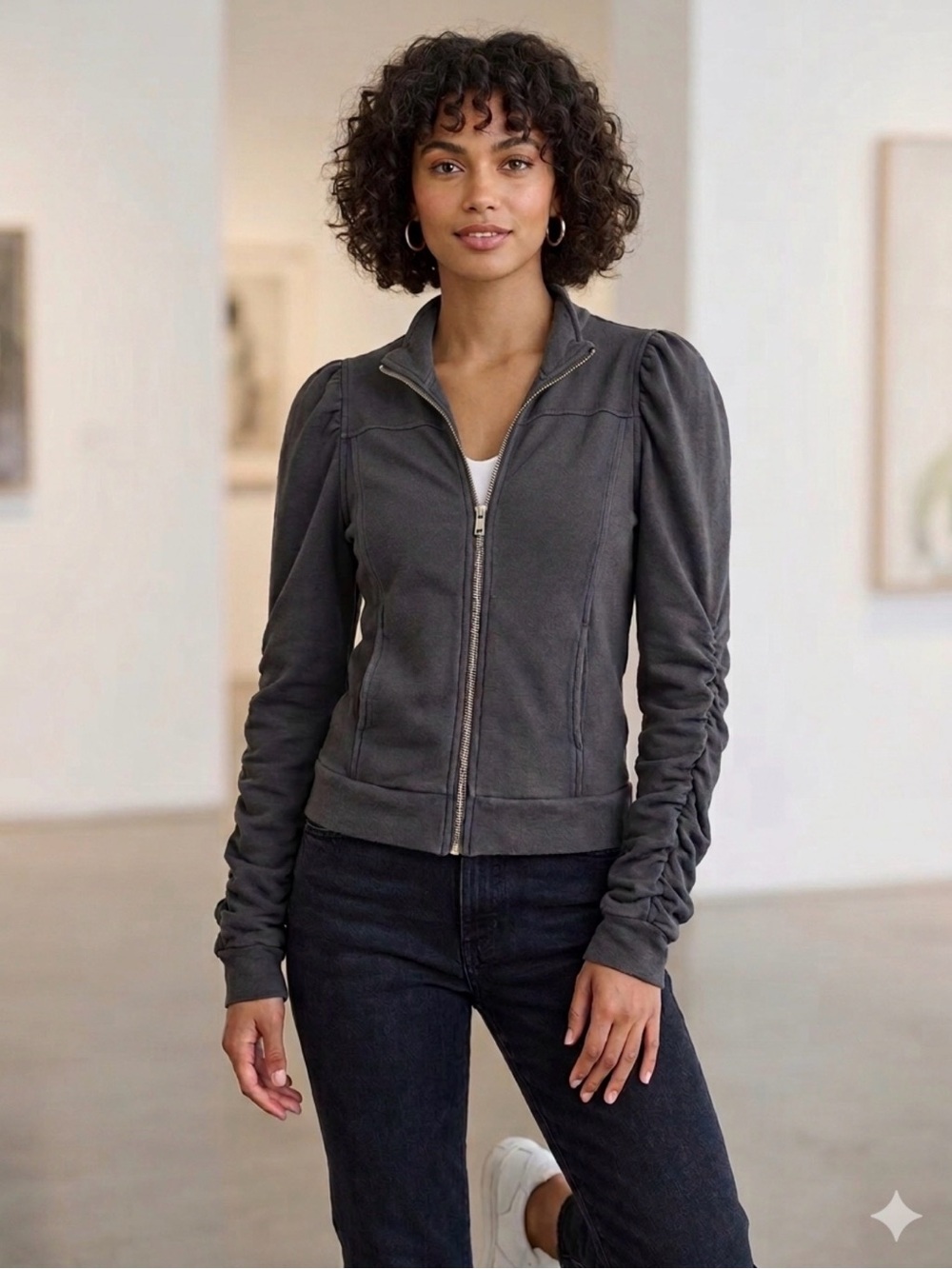 Chaser Dark Gray Ruched-Sleeve Zip Jacket